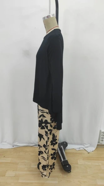 Kadın Uzun Kollu Bisiklet Yaka Asimetrik Kesim Detaylı Viskon Bluz Ve çiçek Desenli Iki Iplik Pantolon - Resim 8