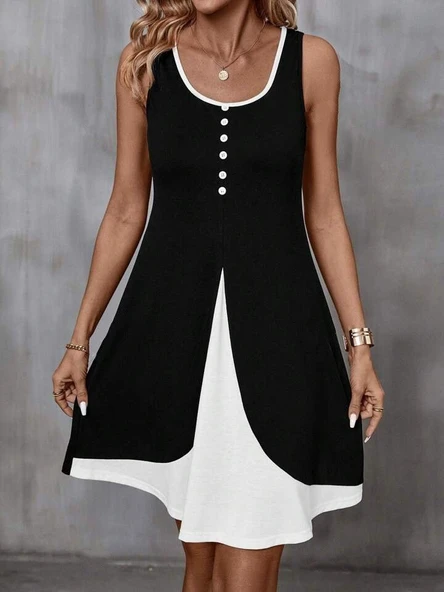 Kadın Askılı Yuvarlak Yaka önden Düğmeli çift Renkli Viskon Elbise - Resim 7