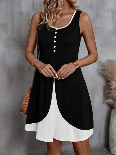 Kadın Askılı Yuvarlak Yaka önden Düğmeli çift Renkli Viskon Elbise - Resim 4