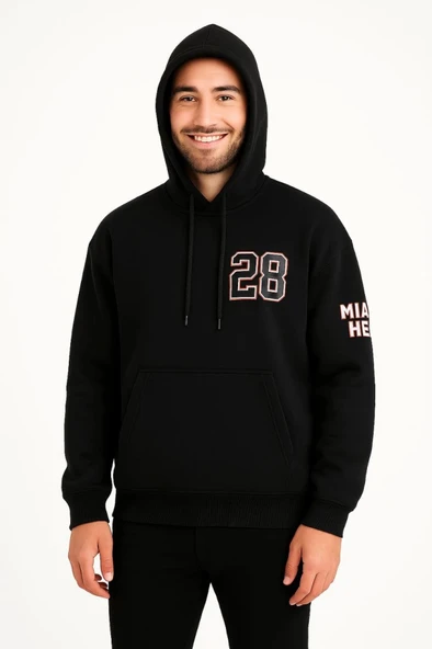Üç İplik Kapüşonlu Ön Ve Arka Baskılı SweatShirt Hoodie - Siyah - Resim 2