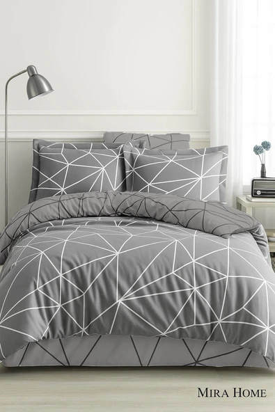 Çift Kişilik Pamuklu Nevresim Takımı Geo Line Gri - 2