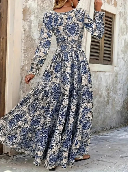 Kadın Uzun Kollu V Yakalı Desenli Süprem Elbise - Resim 3