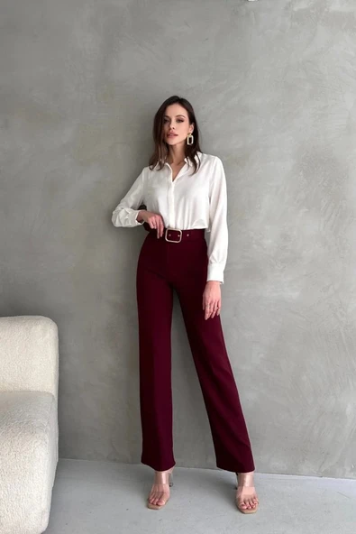 Kadın Yüksek Bel Krep Kumaş Full Likralı Ispanyol Paça Kemer Dahil Pantolon ürün görseli