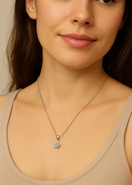 925 Ayar Gümüş Gül Figürlü Minimal Kadın Kolye - Resim 2