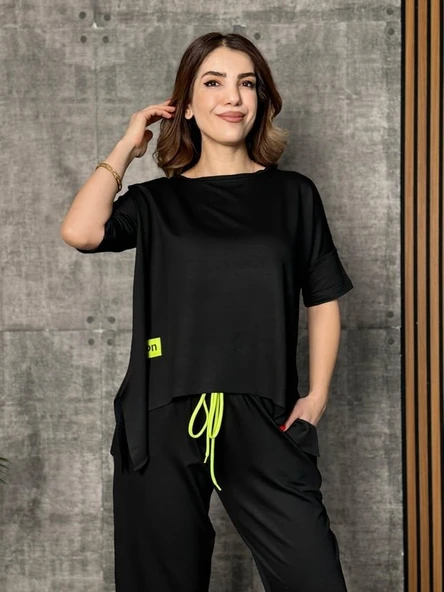 Kadın Kısa Kollu Bisiklet Yaka Viskon Iki Iplik Bluz Ve Pantolon Ikili Takım - Resim 3