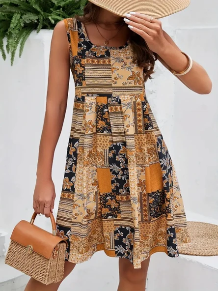 Kadın Sıfır Kol Yuvarlak Yaka çiçek Desenli Süprem Elbise - Resim 7