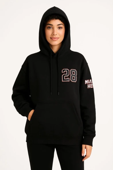 Üç İplik Kapüşonlu Ön Ve Arka Baskılı SweatShirt Hoodie - Siyah ürün görseli