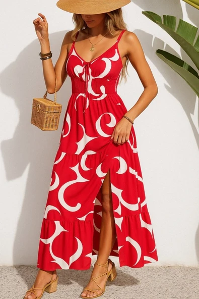 Kadın Ip Askılı Dekolteli Bağcıklı Yırtmaçlı Desenli Süprem Elbise ürün görseli