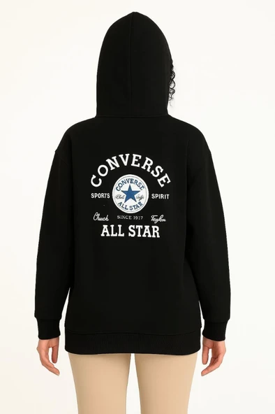 Üç İplik Kapşonlu ön Ve Arka Baskılı SweatShirt Hoodie- Siyah - Resim 3