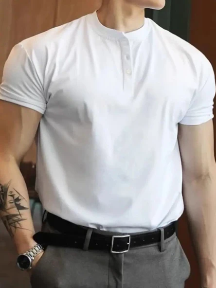 Erkek Kısa Kollu Hakim Yaka önü Düğmeli Viskon Bluz - Resim 3