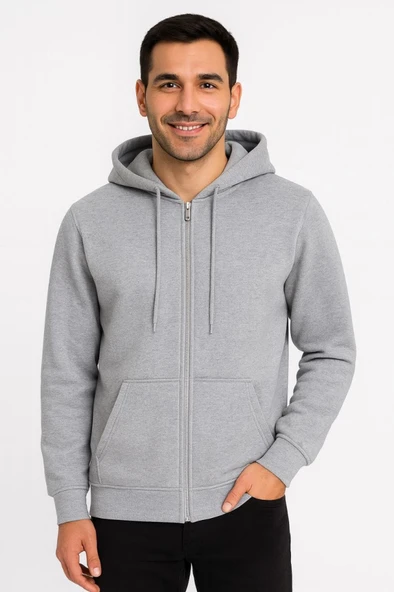 Erkek Üç İplik Kapüşonlu Tam Fermuarlı Kanguru Çepli SweatShirt Hoodie - Gri ürün görseli