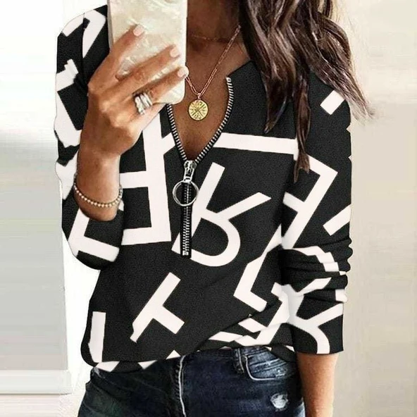 Kadın Uzun Kollu önden Fermuarlı Harf Baskılı şardonlu Dalgıç Bluz - Resim 3
