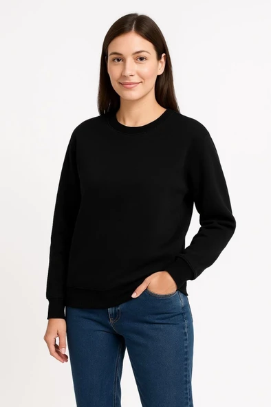 Üç İplik Düz Bisiklet Yaka SweatShirt  - Siyah ürün görseli