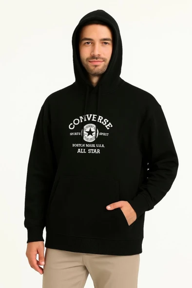Üç İplik Kapşonlu ön Ve Arka Baskılı SweatShirt Hoodie- Siyah - Resim 3