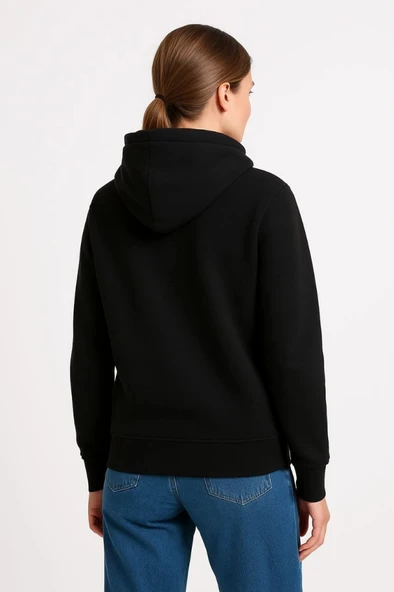 Üç İplik Kapüşonlu Kanguru Çepli SweatShirt Hoodie - Siyah - Resim 2