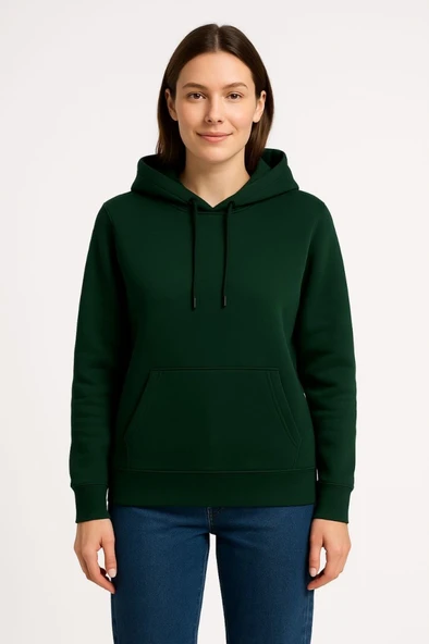Üç İplik Kapüşonlu Kanguru Çepli SweatShirt Hoodie - Haki - Resim 3