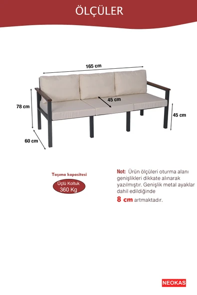 NEOKAS Balkon Mobilyası, Metal Oturma Grubu, Balkon Seti, Kafe Koltuğu, Teras Takımı, 1 Üçlü Koltuk - Resim 4