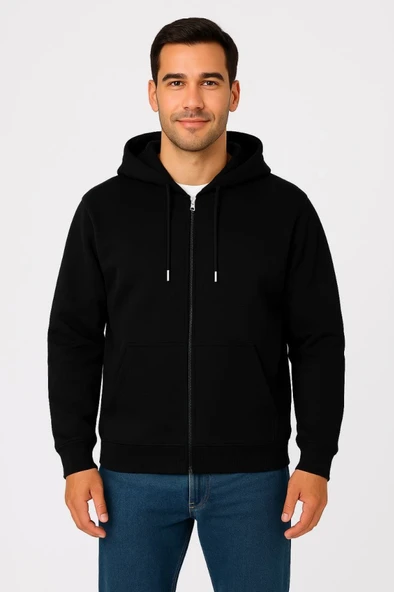 Erkek Üç İplik Kapüşonlu Tam Fermuarlı Kanguru Çepli SweatShirt Hoodie - Siyah - Resim 4