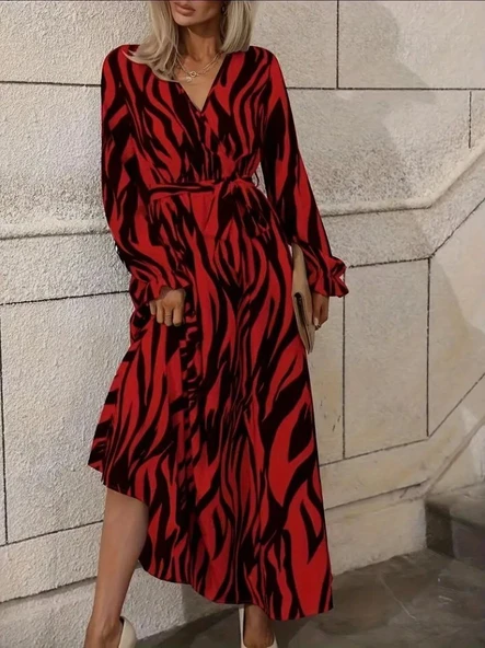 Kadın Uzun Kollu Kruvaze Yakalı Kuşaklı Zebra Desenli Süprem Maxi Elbise - Resim 2
