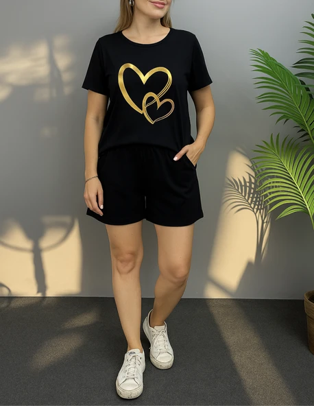 Kadın Kısa Kollu Bisiklet Yaka Viskon Iki Iplik Bluz Ve Short Ikili Takım ürün görseli