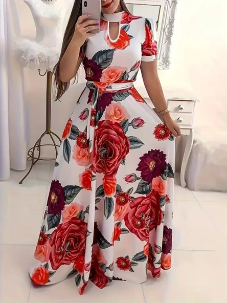 Kadın Kısa Kollu Pencere Detay Gül Baskılı Tam Boy Kiloş Elbise - Resim 3