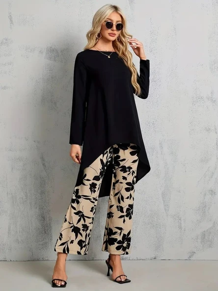 Kadın Uzun Kollu Bisiklet Yaka Asimetrik Kesim Detaylı Viskon Bluz Ve çiçek Desenli Iki Iplik Pantolon - Resim 4
