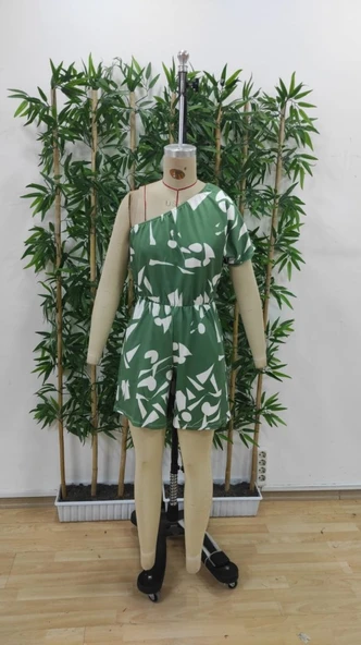 Kadın Tek Omuzdan Açık Beli Lastikli Desenli Süprem Tulum - Resim 5