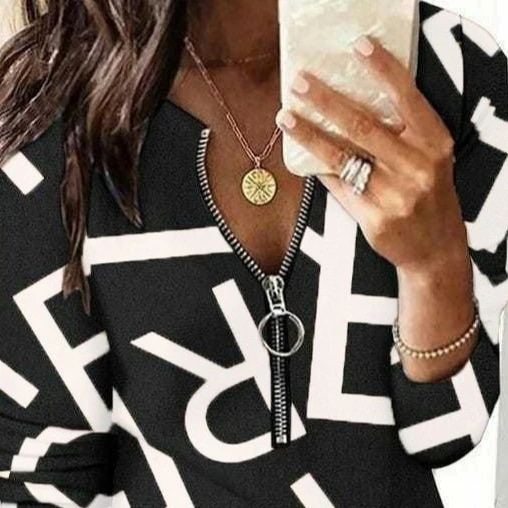 Kadın Uzun Kollu önden Fermuarlı Harf Baskılı şardonlu Dalgıç Bluz - Resim 2