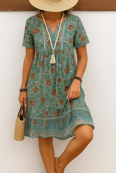 Kadın Kısa Kollu Yakası Bağcıklı önden Düğmeli Fırfır Desenli Süprem Elbise ürün görseli