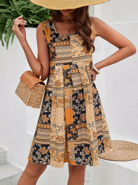 Kadın Sıfır Kol Yuvarlak Yaka çiçek Desenli Süprem Elbise - Resim 8