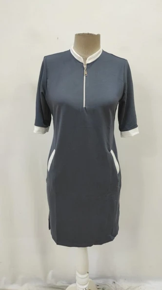 Kadın Kısa Kollu Yakadan Fermuarlı Cepli Yandan Yırtmaçlı Viskon Elbise - Resim 4