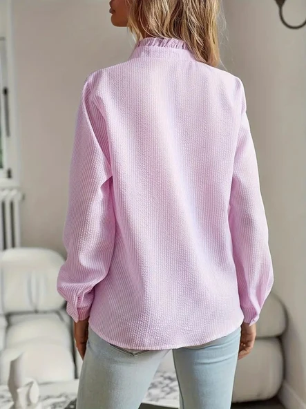 Kadın Uzun Kollu Fırfır Yakalı önden Düğmeli çizgili Burgu Gömlek - Resim 4