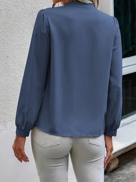 Kadın Uzun Kollu Yakalı Yakadan Bağcıklı Düğmeli Sandy Bluz - Resim 5