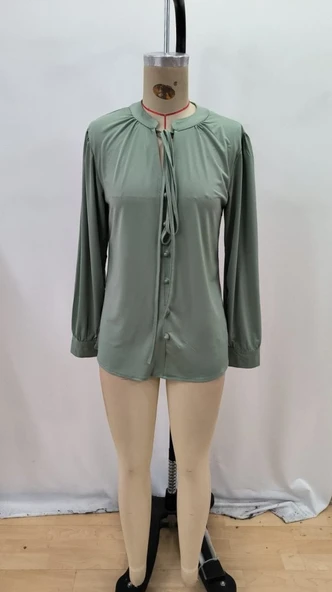 Kadın Uzun Kollu Yakalı Yakadan Bağcıklı Düğmeli Sandy Bluz - Resim 5