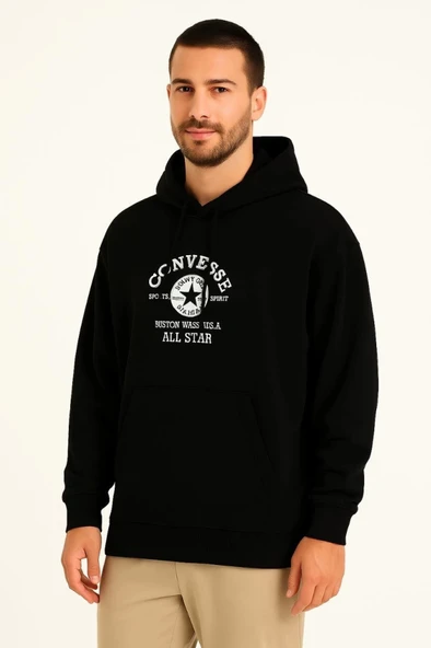 Üç İplik Kapşonlu ön Ve Arka Baskılı SweatShirt Hoodie- Siyah ürün görseli