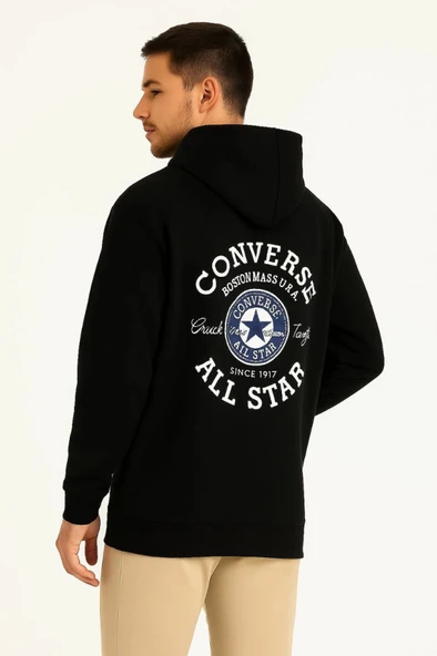 Üç İplik Kapşonlu ön Ve Arka Baskılı SweatShirt Hoodie- Siyah - Resim 2