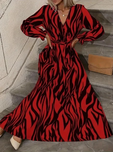 Kadın Uzun Kollu Kruvaze Yakalı Kuşaklı Zebra Desenli Süprem Maxi Elbise - Resim 4