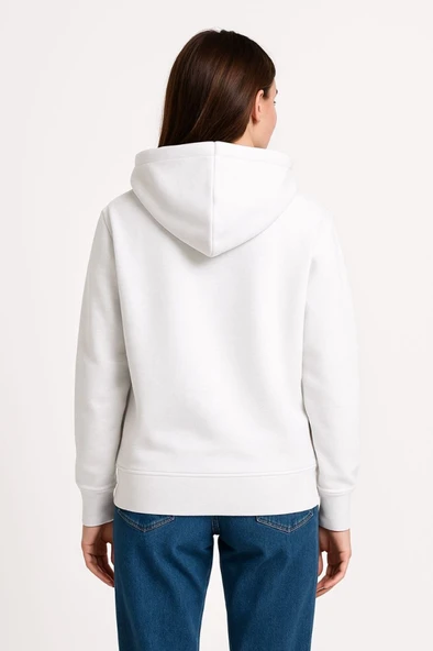 Üç İplik Kapüşonlu Kanguru Çepli SweatShirt Hoodie - Beyaz - Resim 2