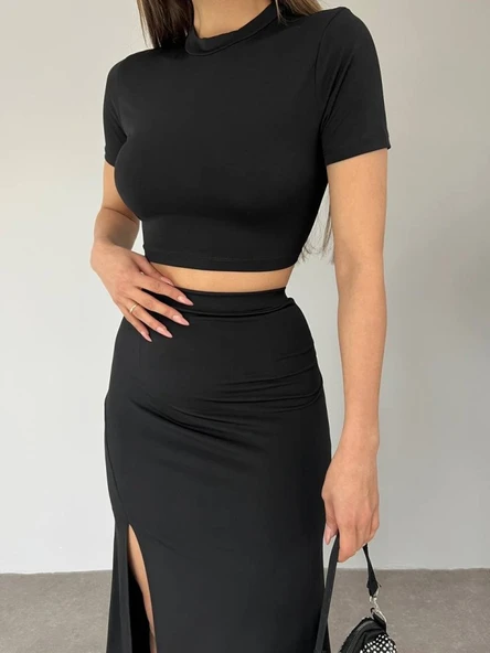 Eteği Yırtmaçlı Sandy Crop Takım -Siyah ürün görseli