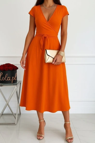 Kadın Kısa Kollu V Yakalı Belden Kuşaklı Maksi Boy Viskon Elbise ürün görseli