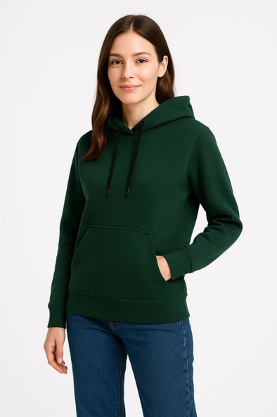 Üç İplik Kapüşonlu Kanguru Çepli SweatShirt Hoodie - Haki ürün görseli