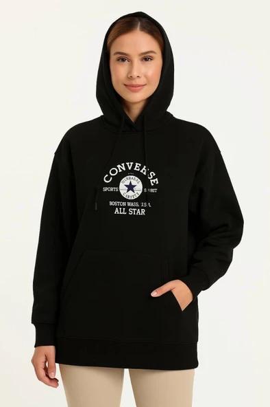 Üç İplik Kapşonlu ön Ve Arka Baskılı SweatShirt Hoodie- Siyah - Resim 4