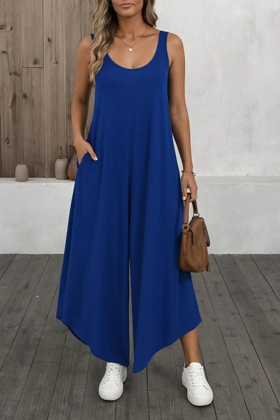 Kadın Askılı Yuvarlak Yaka Cepli Salaş Uzun Viskon Tulum ürün görseli