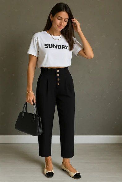 Kadın Yüksek Belli önden Düğmeli Ithal Keten Pantolon ürün görseli