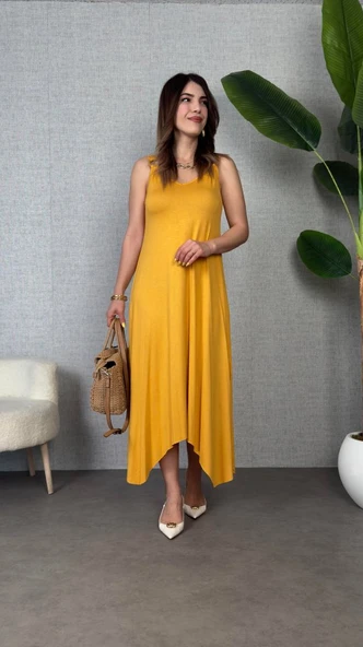 Kadın çan Dokuma Kumaş V Yaka Asimetrik Kesim Elbise ürün görseli