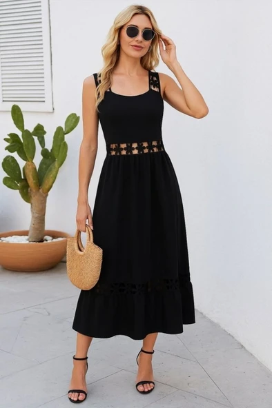 Kadın Askılı Dantel Detaylı Kiloş Janjan Krep Elbise ürün görseli