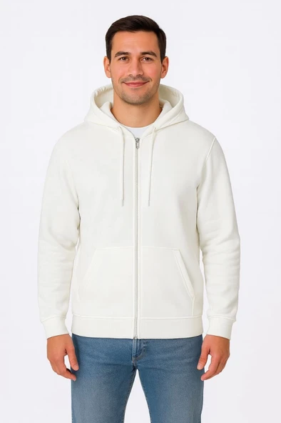 Erkek Üç İplik Kapüşonlu Tam Fermuarlı Kanguru Çepli SweatShirt Hoodie - Beyaz - Resim 4