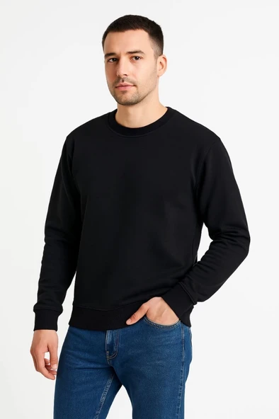 Erkek Üç İplik Düz Bisiklet Yaka SweatShirt - Siyah - Resim 4