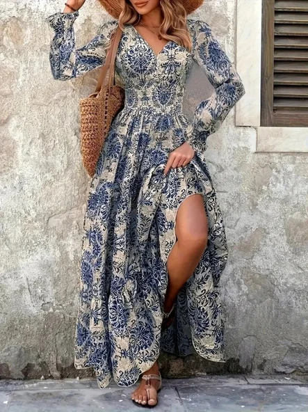 Kadın Uzun Kollu V Yakalı Desenli Süprem Elbise ürün görseli