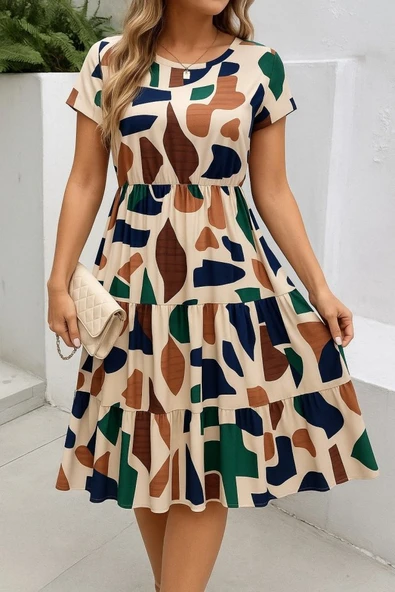 Kadın Kısa Kollu Bisiklet Yaka Desenli Fırfırlı Süprem Elbise ürün görseli